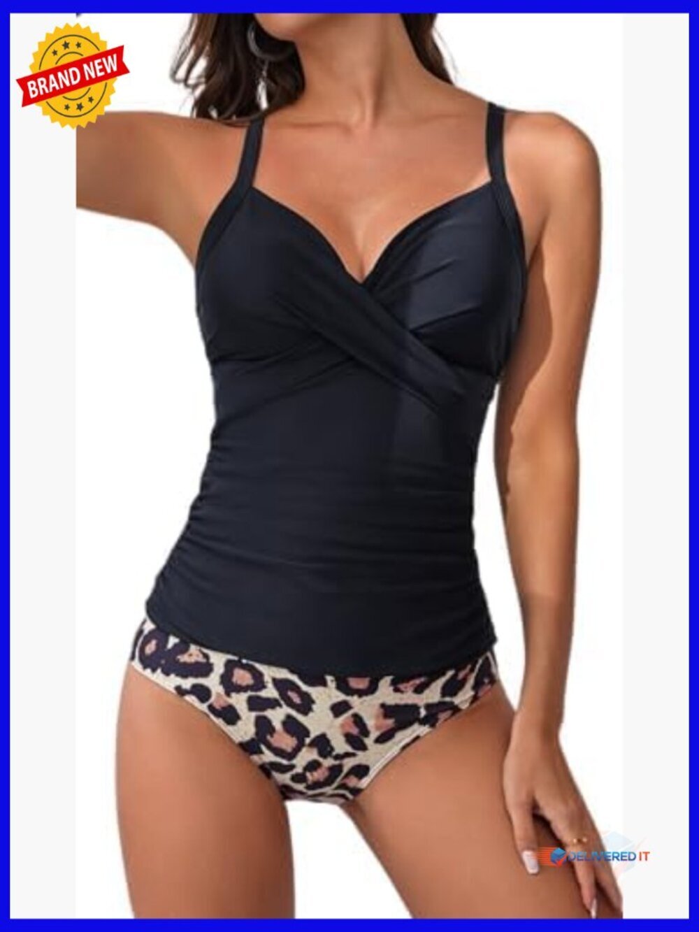 Ruched Tankini Swimsuits V Neck Wrap Tie Back Two Piece Tummy Control Bathing